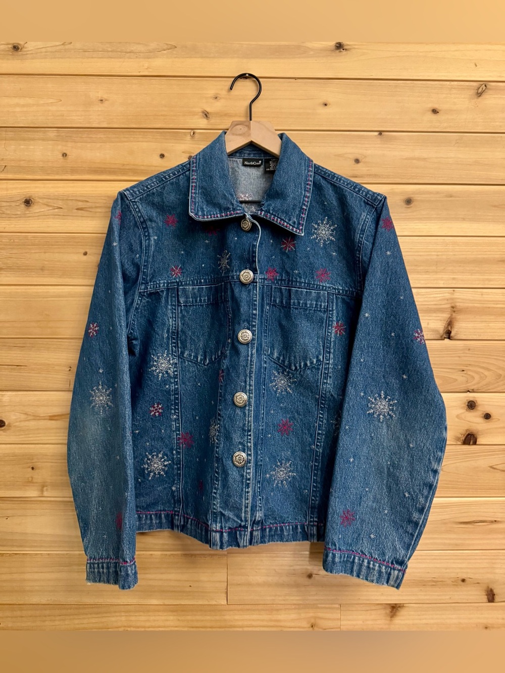 Vintage Large Christmas Theme Jean Jacket Cotton Festive Holidays Winter Snow